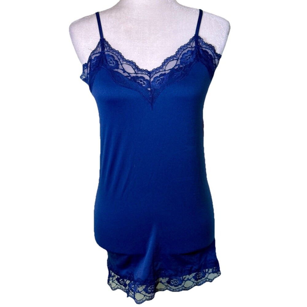 Grane Y2K Lace Trim Vneck Tank Top Blue‎ Stretch Preppy Quiet Luxury Feminine XL